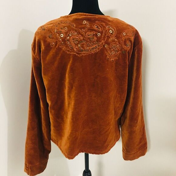 CHICO'S Boho Rust Velvet Cropped Beaded Embroidered Paisley Jacket 1 Small - Picture 4 of 8